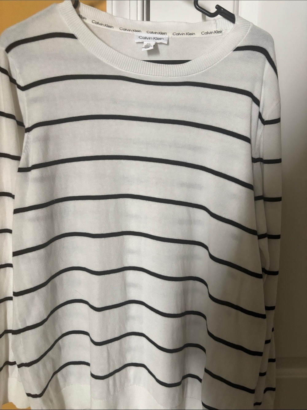 Calvin Klein Women’s White Crewneck Sweater with Black Stripes